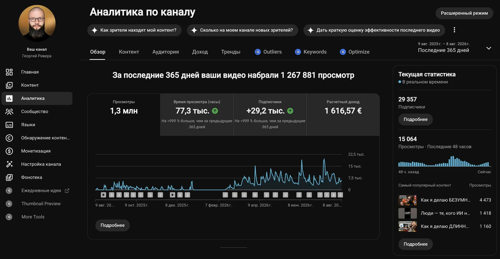 YouTube Studio: обзор канала за 365 дней